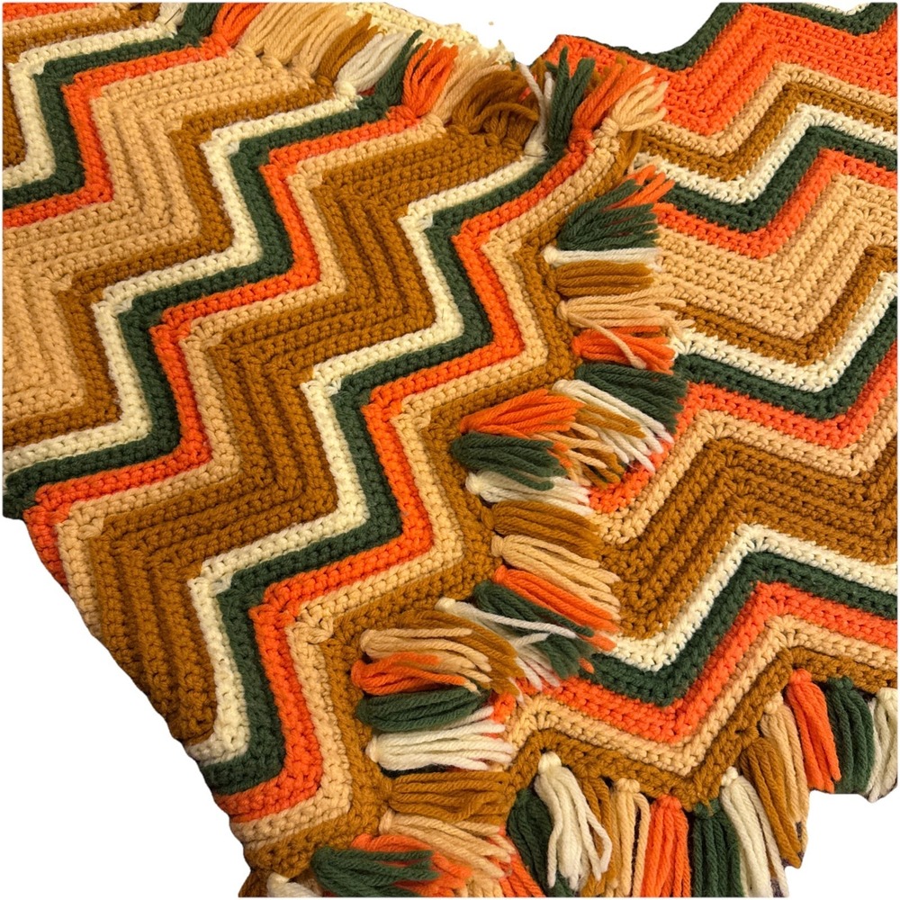 Vintage Crocheted Afghan Throw Blanket Zig Zag Chevron Granny Boho 80" x 40" - Picture 5 of 6